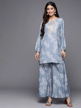 Blue Embroidered Floral Printed Co-ords-AHTUPZ-COMBO-646-EMB-OA